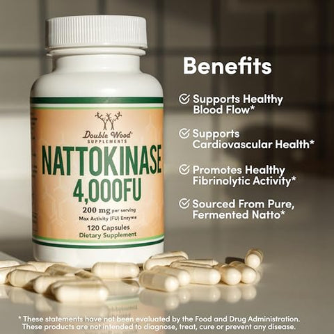 Double Wood Supplements - Nattokinase 4,000 FU – 120 Cápsulas (Derivado de Natto Japonês) Enzimas Sistêmicas para Suporte Cardiovascular e Circulatório – Double Wood