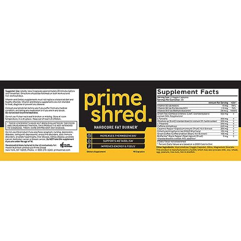 PrimeShred - Pílulas Termogênicas Supressoras de Apetite para Homens, Suplemento de Perda de Peso de Ação Tripla com Cafeína, Estimulante de Energia para Treinos (90 Cápsulas)