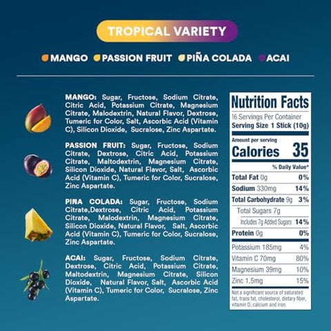 Hydration – Pack Tropical Variado – Pó Hidratante com Eletrólitos em Sachês Individuais – Sabores Manga, Açaí, Maracujá, Coco Abacaxi | Livre de Transgênicos, Sem Glúten | Hidratação Eficiente e Deliciosa - DripDrop