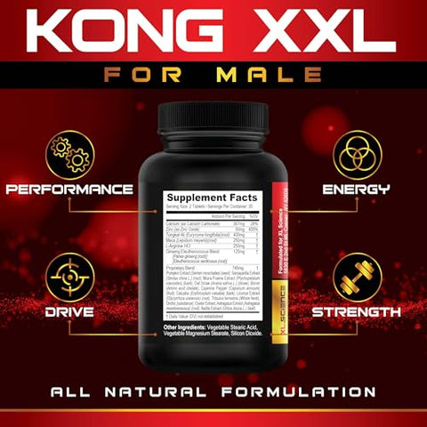 XL Science - Kong XXL – Pílulas de Desempenho e Aumento Masculino Definitivas para Homens – Ganhe de 3 a 6″ em 60 Dias – Tamanho, Potência, Força e Resistência Aumentados – Melhore seu Desempenho – 60 Comprimidos