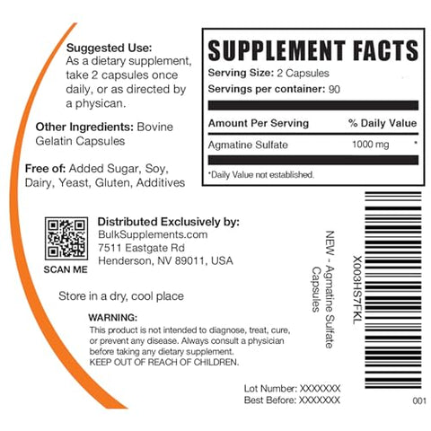 com Agmatine Sulfate Capsules – Suplemento de Óxido Nítrico, Agmatine Sulfate 1000mg – Livre de Glúten, 2 Cápsulas por Porção, 180 Cápsulas (Pacote de 1) - BulkSupplements