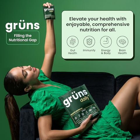 Grüns - Grun’s Daily Gummies – Gomas Super Verdes Orgânicas de Spirulina e Chlorella, Prebióticos para Digestão – 60 gomas