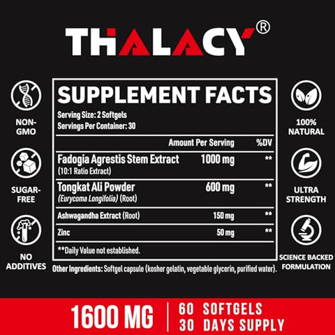 Thalacy - Fadogia Agrestis Tongkat Ali 1600mg – Extrato de Fadogia Agrestis para Homens com Ashwagandha, 120 Softgels – Máxima Potência