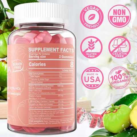 NEVISS - Gummies Garcinia Cambogia Sem Açúcar 1000mg 95%% HCA com L-Carnitina, Cetona de Framboesa, Cromo, Café Verde para Metabolismo, Energia, Extrato Orgânico 100%%, Vegano