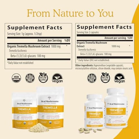 Tremella Mushroom Extract Powder – 150 Porções – Blend de Cogumelos para Suporte Imunológico, Cérebro e Pele – Vegano, Não-OGM, Suplementos de Cogumelos Orgânicos para Humanos - Real Mushrooms