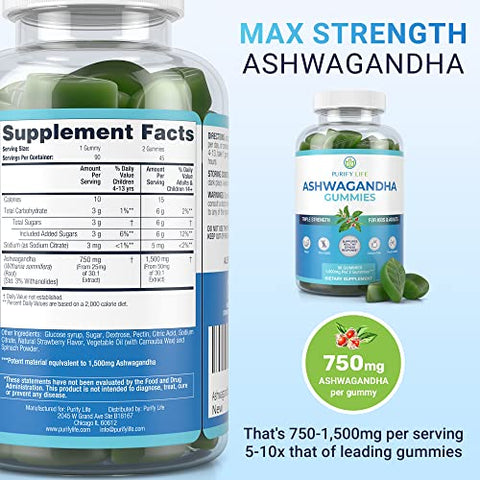 Purify Life - Gummies de Ashwagandha (Força Máxima – 750mg/Gummy) (90ct – Até 3 Meses de Fornecimento) Suporte para Calma, Relaxamento
