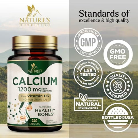 Nature's Nutrition - Calcium 1200 mg com Vitamina D3, Suplemento de Cálcio, Fortalece Ossos e Dentes