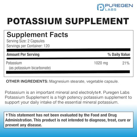 P Puregen Labs - Suplemento de Bicarbonato de Potássio Puregen Labs 1020 mg | Livre de Transgênicos | Sem Glúten | Fabricado nos EUA | 240 Cápsulas Vegetarianas