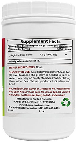 Best Naturals - Melhor Naturals L-Arginina em Pó 454g – Grau Farmacêutico Puro – Melhores Suplementos de Aminoácidos de Arginina para Mulheres
