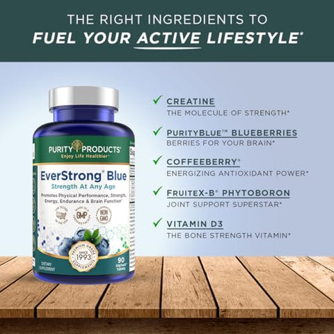 Purity Products - PurityBlue EverStrong Blue – Fortalecimento Muscular e Estimulante Cerebral com Matriz de Creatina Monohidratada, Complexo de Mirtilo Orgânico PurityBlue, 1000 UI de Vitamina