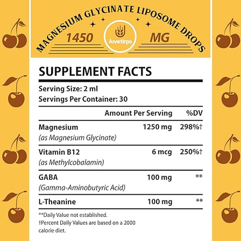 Juvetirpo - Magnésio Glicinato Líquido – Quelato Lipossomal com Sabor de Cereja para Absorção Fácil, Promove Sono, Humor e Intestinal