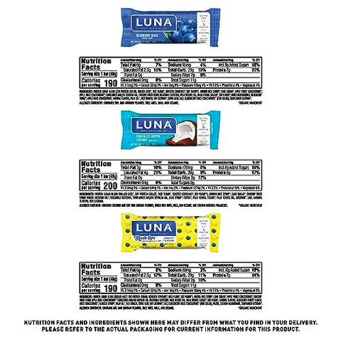 Luna Bar - LUNA Bar – Pack Sortido – Sem Glúten – Não-OGM – 7-9g Proteína – Feito com Aveia Orgânica – Baixo Índice Glicêmico – Barras de Lanche Nutritivas – Exclusivo Amazon – 48g (12 Unidades)