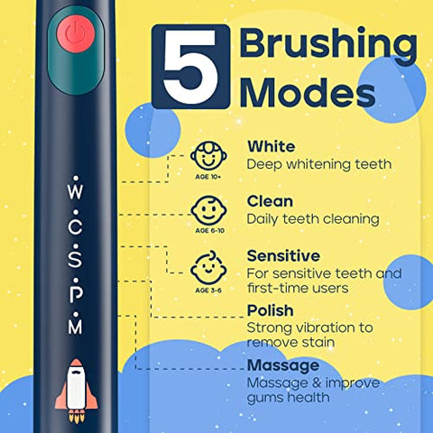 Escova de Dentes Elétrica SEAGO Kids, Cerdas Macias Sônicas Recarregáveis com Adesivos Personalizáveis, 5 Modos, Inclui 4 Cabeças de Escova Substituíveis, Idade de 3 a 12 Anos (Azul Marinho)