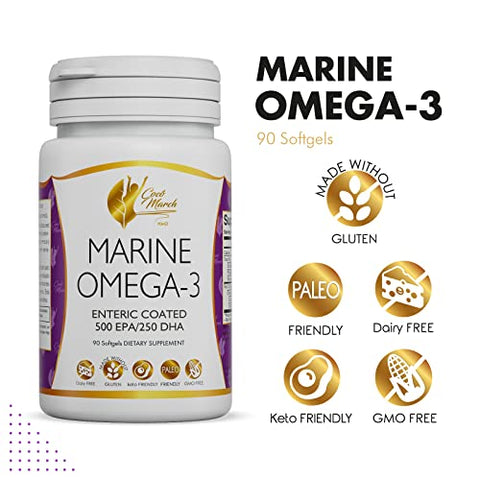 Cocó March N.M.D - Coco March Marine Omega-3 – ALTA POTÊNCIA 500 mg EPA / 250 mg DHA Revestido Entérico, Sem Sabor de Peixe, Sem Glúten, Sem Lactose, Amigo do Paleo, Amigo do Keto, Livre de Transgênicos – 3 MESES