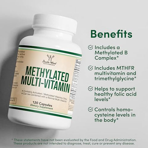 Double Wood Supplements - Methylated Multivitamin – Complexo B Metilado com TMG e Metilfolato (Suplemento MTHFR sem OGM, Sem Glúten) 120 cápsulas