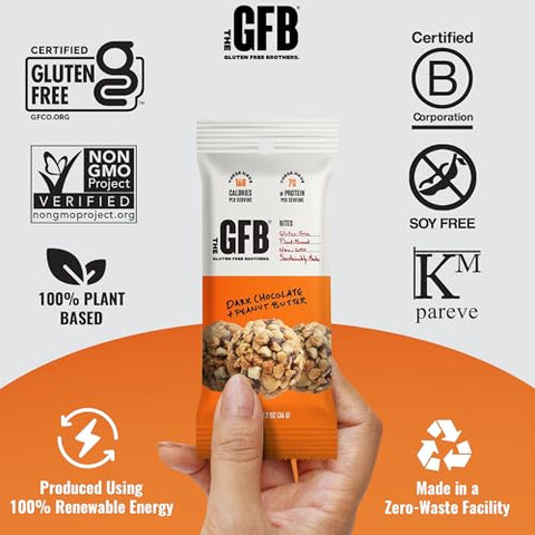The GFB - Irmãos Sem Glúten – Bolinhas de Proteína de Chocolate Amargo com Manteiga de Amendoim – Sem Glúten, Sem Soja, Vegano – Bolinhas Energéticas de Proteína à Base de Plantas, 34g (10 unidades)