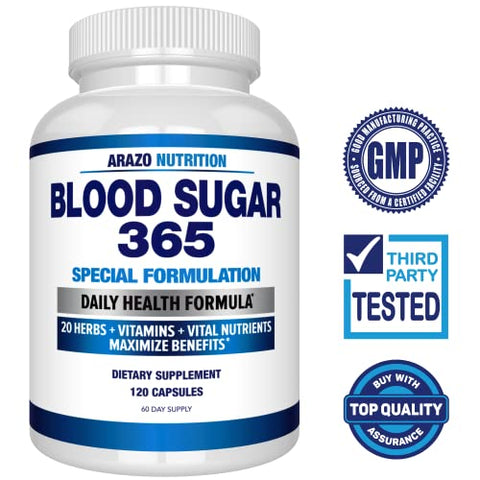 Blood Sugar 365 – Níveis de Energia Saudáveis – 120 Cápsulas Naturais – Fornecimento de 60 Dias - Arazo Nutrition