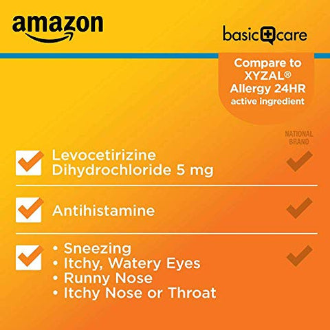 24 Hour Allergy Relief – Comprimidos de Levocetirizina Dicloridrato, 5 mg, Antialérgico, Alivia Espirros, Coriza, Coceira no Nariz ou Garganta e Olhos Lacrimejantes – Compre Agora! - Amazon Basic Care
