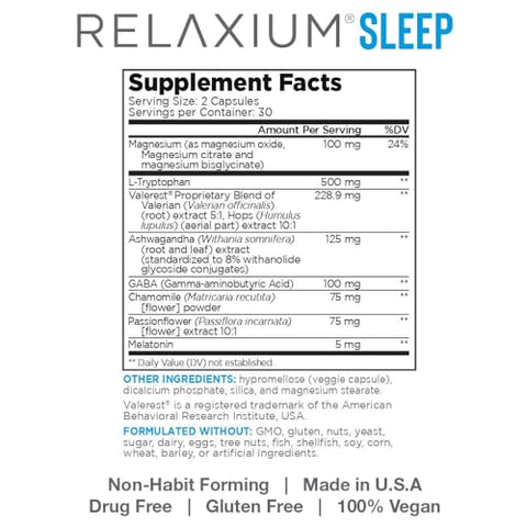 Sleep Aid para Adultos, Suplemento de Melatonina para Apoiar um Sono Mais Longo, Não Viciante, Magnésio, Ashwagandha, 60 Cápsulas, Fornecimento de 30 Dias - Relaxium