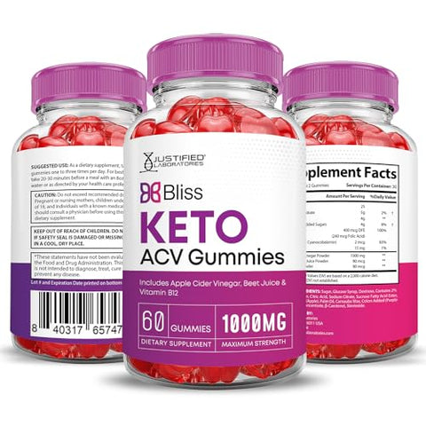 Justified Laboratories - Bliss Keto Gummies ACV Avançado 1000MG Fórmula Poderosa com Vinagre de Maçã Bliss Keto Gummies – Impulsionado por Romã e Beterraba em Pó B12 Vegano Não Transgênico 60 Gomas
