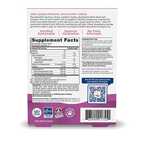 Gomas Vitaminas Pré-Natais DHA Zero Açúcar, Sabor Morango Laranja – 27 Gomas – Suplementos para Gravidez – 600 mg Ômega-3 Óleo de Peixe e 400 UI Vitamina D3 - Nordic Naturals