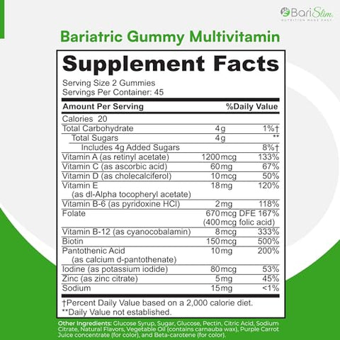 BariSlim - Gomas Multivitamínicas Mastigáveis para Bariátricos – Vitaminas em Goma Especialmente Formuladas para Pacientes Após Cirurgia de Perda de Peso – Fáceis de Digestão