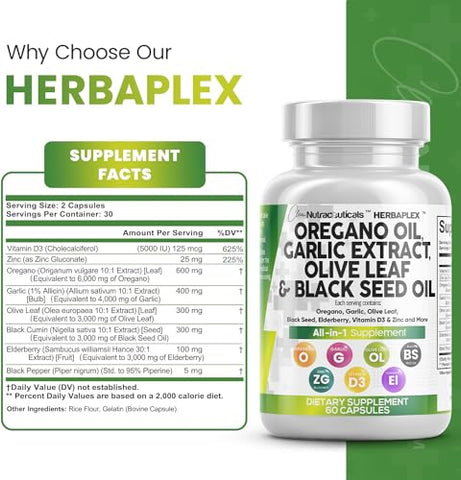 Clean Nutraceuticals - Óleo de Orégano 6000mg Extrato de Alho 4000mg Folha de Oliveira 3000mg Óleo de Semente Negra 3000mg – Suporte Imunológico