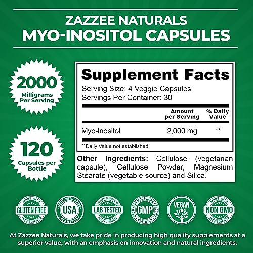 Cápsulas de Myo-Inositol, 2000 mg por Porção, 120 Cápsulas Veganas, Dosagem Ideal para Proporção 40:1, 100%% Vegetariano, Equilíbrio Hormonal - Zazzee