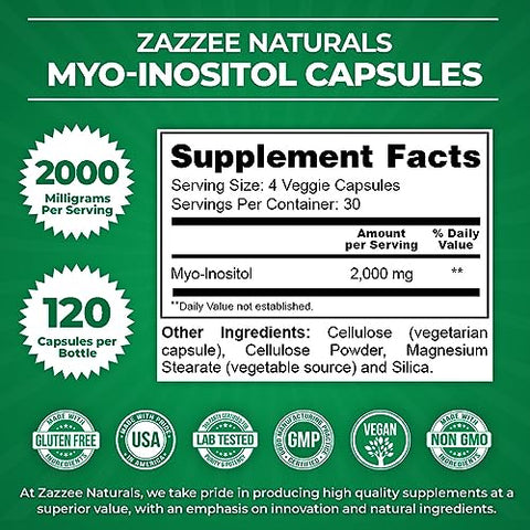 Cápsulas de Myo-Inositol, 2000 mg por Porção, 120 Cápsulas Veganas, Dosagem Ideal para Proporção 40:1, 100%% Vegetariano, Equilíbrio Hormonal - Zazzee