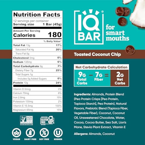 Generic - IQ BAR – Barra de Proteína Vegetal para o Cérebro e o Corpo – Coco Torrado – 12 Unidades, Baixo Carboidrato, Alta Fibra, Sem Glúten, Snacks Veganos – Barras Energéticas com Baixo Teor de Açúcar Keto
