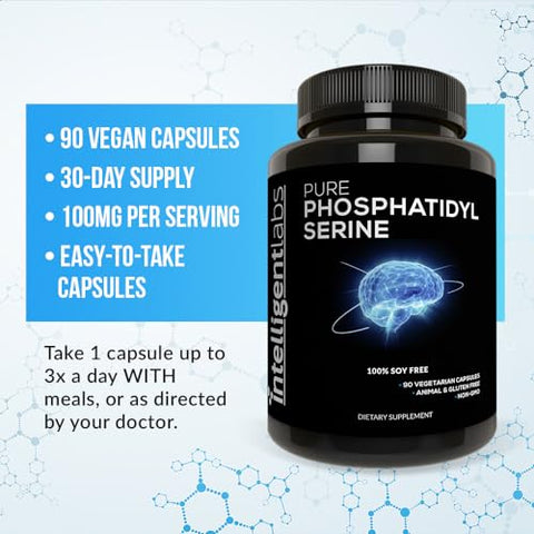 Suplemento de Fosfatidilserina 100mg | 90 Cápsulas de Alta Potência | Livre de Soja e Alergênicos | Puro Fosfatidilserina de Lecitina de Girassol - Intelligent Labs