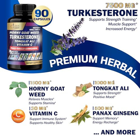 Organic Cadane - Orgânico Cadane Turkesterone 7500mg Vitamina C 30mg Horny Goat Weed 1500mg – Pré-Treino, Energia