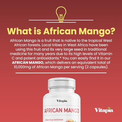 Vitapia - Cápsulas de Manga Africana 10.000mg para Sistema Imunológico, Metabolismo e Suporte Nutricional – Extrato Puro 10:1 de Irvingia Gabonensis – 180 Cápsulas Vegetais Não-OGM