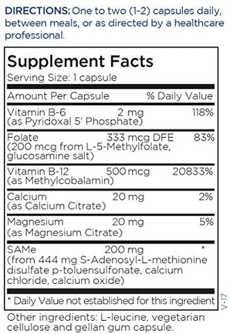 SAMe CoFactors – Suplemento SAMe com Magnésio, Citrato de Cálcio, Vitamina B-6 e Folate – Suporte para Neurotransmissores, Metilação e Humor – 200mg de SAMe (60 cápsulas) - Metabolic Maintenance