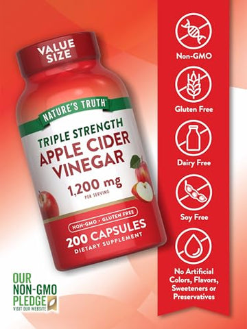 Nature's Truth - Nature’s Truth Cápsulas de Vinagre de Maçã | 1200mg | 200 Comprimidos | Extra Forte | Tamanho Econômico | Suplemento Sem OGM, Sem Glúten | Marca Nature’s Truth
