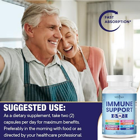 NEW AGE - 8 em 1 Suplemento Reforço Imunológico com Equinácea, Vitamina C e Zinco 50mg, Vitamina D 5000 UI, Cúrcuma Curcumina