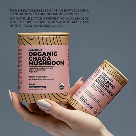 Wellnest.Store - Chaga Mushroom Organic Supplement (Extrato de Inonotus) 60 Cápsulas Vegetais – Combate Inflamação e Apoia a Saúde das Articulações. Suporte Imunológico; Melhora a Função Cognitiva