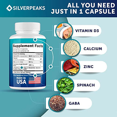 SILVERPEAKS - Cápsulas de Crescimento para Aumentar a Altura – Maximizer de Crescimento em Altura com Cálcio para Fortalecimento Ósseo – Fabricado nos EUA – Suplemento Natural para Aumentar o Crescimento Ósseo – Livre de Crescimento