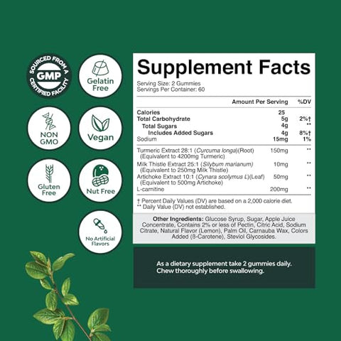 Gummies Detox de Fígado Herbal com Cardo de Leite, Alcachofra, Curcumina e L-Carnitina – Vegano e Não-OGM – Limão Doce - Natures Craft