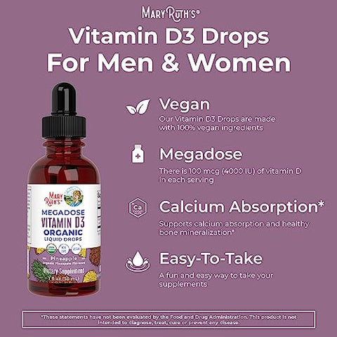 Gotas Líquidas de Vitamina D3 | Megadosagem 4000 UI | Spray Líquido de Vitamina D Orgânica Certificada pelo USDA para Adultos - MaryRuth Organics