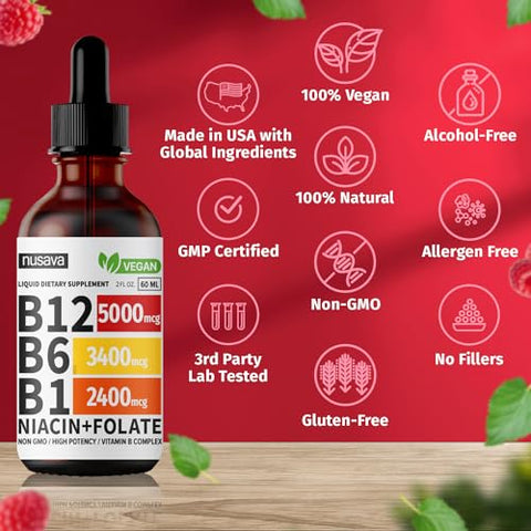 NUSAVA - (2 Pacotes) Gotas Líquidas de Vitamina B12, B12 Sublingual 5000 mcg, Complexo de Vitamina B com Vitamina B6, B12 Methylcobalamin Líquida Suporta Energia, Cérebro