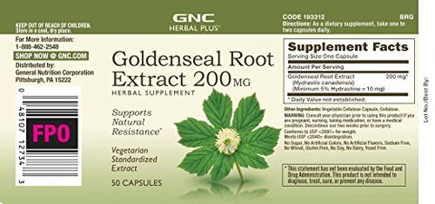 Herbal Plus Extrato de Raiz de Goldenseal 200mg, 50 Cápsulas, Fortalece a Resistência Natural - GNC