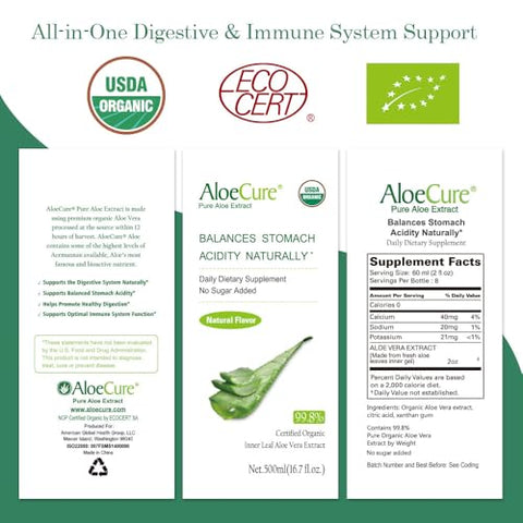 Suco de Aloe Vera Orgânico Certificado USDA Feito em até 12 Horas da Colheita – Puro Suco de Aloe Natural Suplemento Digestivo para Apoiar a Digestão, Sistema Imunológico e Estômago Equilibrado – AloeCure - AloeCure