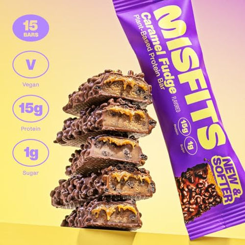 Barras de Proteína Vegana, Caramelo Fudge – Receita Atualizada | Baseada em Plantas, Baixo Teor de Açúcar | Misfits - Misfits