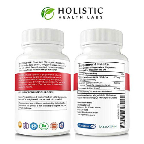 Holistic Health Labs - Maximum Leptin Weight Management for Women – Extra Strength: MeraTrim, Carnipure e Cissus Quadrangularis – Suporte Natural ao Metabolismo e Controle de Desejos. 60 Cápsulas Vegetarianas