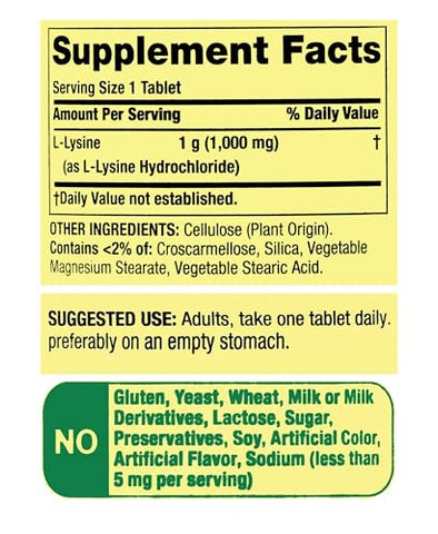 Generic - Lysine 1000mg | 100 Comprimidos | Suporte para Pele, Sistema Imunológico e Produção de Colágeno | Livre de Glúten | Suplemento Nutricional de Aminoácidos L-Lisina para