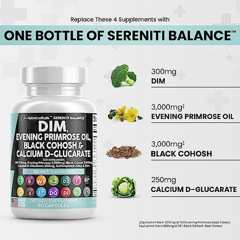 DIM 300mg Óleo de Prímula 3000mg Cohosh Preto 3000mg D-Glucarato de Cálcio 250mg Sulforafano Extrato de Semente de Linhaça – Vitaminas de Suporte Hormonal para Mulheres com - Clean Nutraceuticals