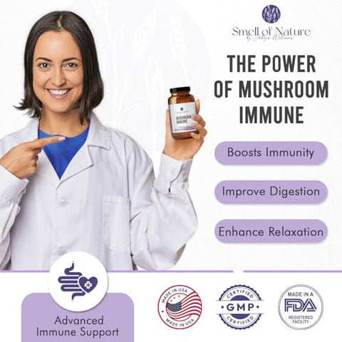 Smell of Nature - Mushroom Immune – Suporte Avançado ao Sistema Imunológico com Maitake, Reishi, Shiitake, Turkey Tail, Vitamina C | Marca: Mushroom Immune