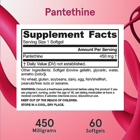 Pantethine 450 mg – Derivado de Vitamina B5 – 60 Porções (Softgels) – Suporte à Saúde Cardíaca, Carboidratos - Jarrow Formulas