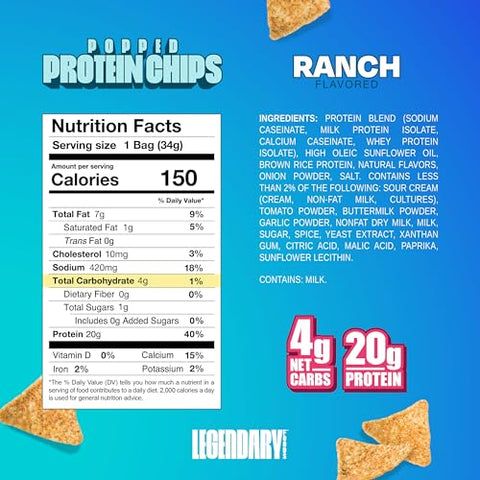 Chips de Alta Proteína – 7x Amigáveis ao Keto e Livres de Glúten – Snacks Crocantes em Formato de Tortilla – Lanche de Taco, 20g de Proteína, Baixo Carboidrato e Baixo Açúcar – Ranch - Legendary Foods